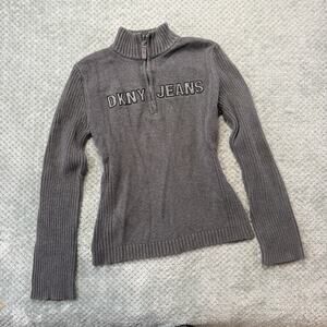 Vintage Y2K Gray DKNY Jeans Mock Neck Quarterzip Babydoll Sweater Wmns M